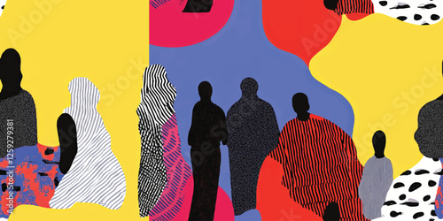 Colorful Diverse People Crowd Seamless Pattern, Multi-Ethnic Community Abstract Art in Modern Collage Painting Style