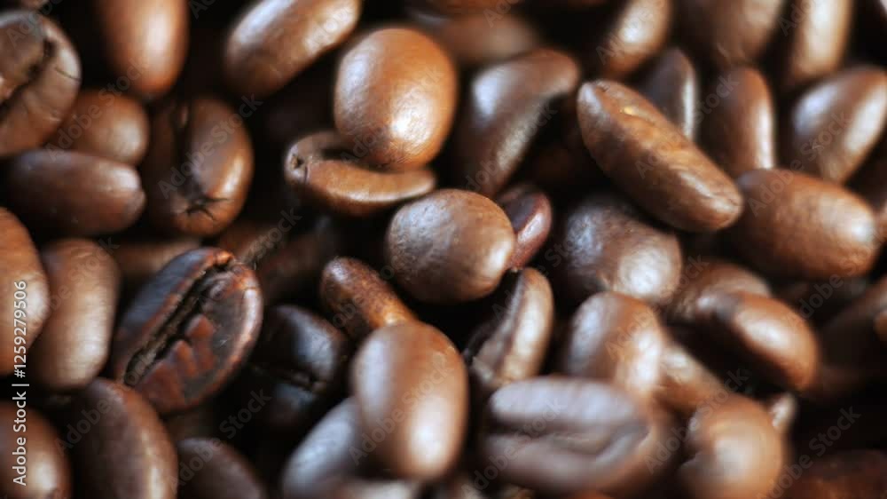 A close up of coffee beans with a brownish color. The beans are scattered all over the image, and they appear to be of different sizes. Concept of warmth and comfort A close up of coffee beans with a brownish color. The beans are scattered all over the image, and they appear to be of different sizes. Concept of warmth and comfort