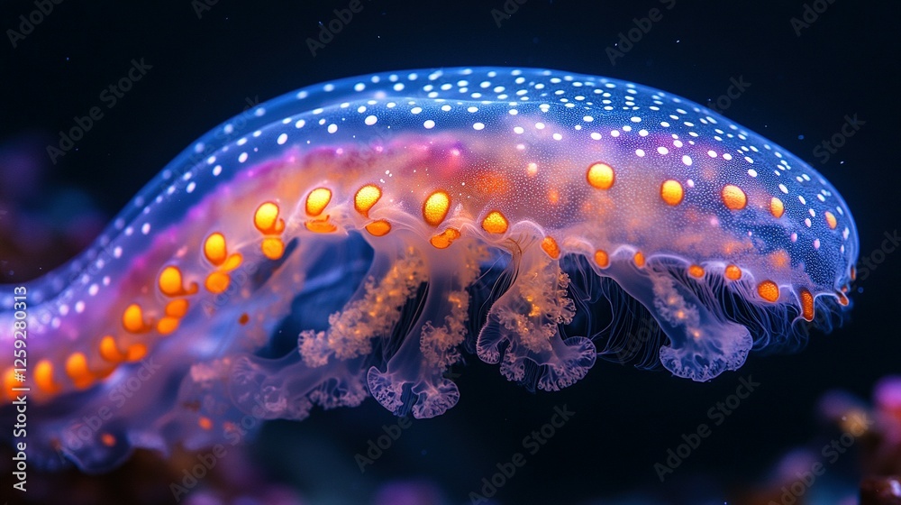 Naklejka premium A Spotted Jellyfish Undersea Illuminated Beauty