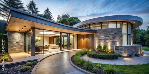 Modern Architectural Design Evening View of a Luxurious Home with Curving Exterior Walls and Landscaped Gardens