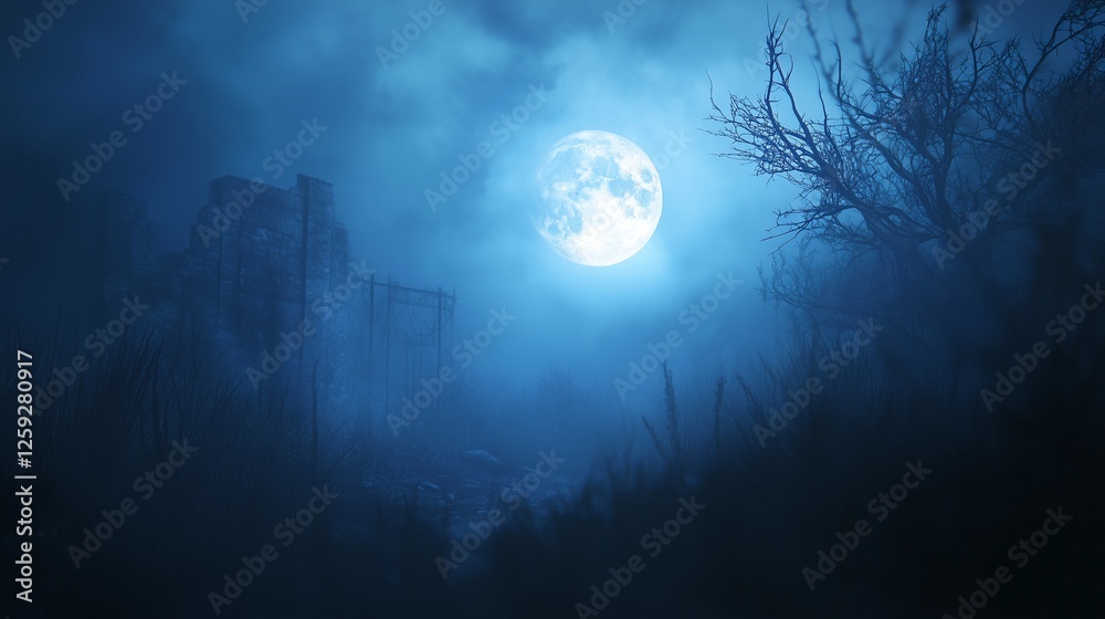 Full moon in the night. Full moon in the sky with blue fog and blue clouds at night. A dark eerie gothic nighttime ambiance with a light and a spooky light. A complete moon shining lifestyle in the. Full moon in the night. Full moon in the sky with blue fog and blue clouds at night. A dark eerie gothic nighttime ambiance with a light and a spooky light. A complete moon shining lifestyle in the.