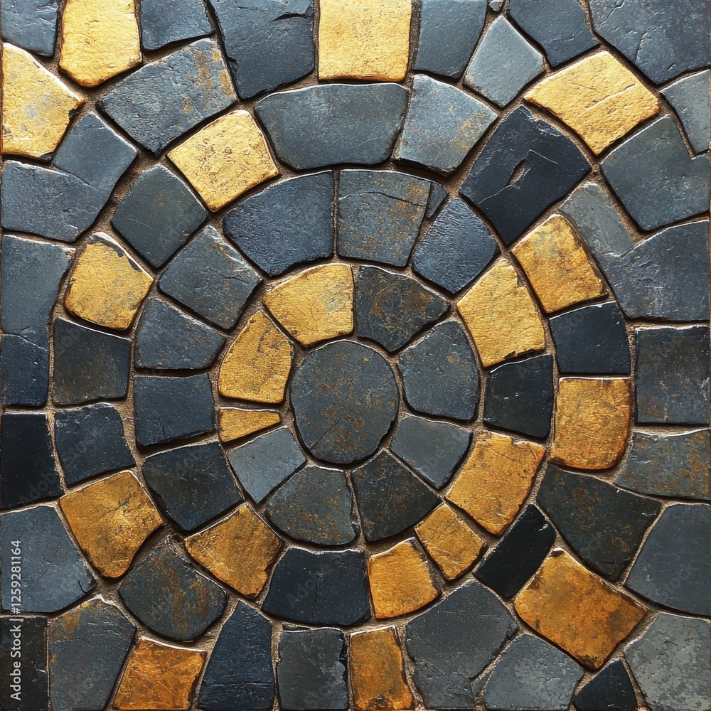 Circular Mosaic Featuring Black and Gold Stone Pattern Tiles Circular Mosaic Featuring Black and Gold Stone Pattern Tiles