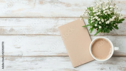 Coffee, notebook, flowers on wood; flatlay, blank space