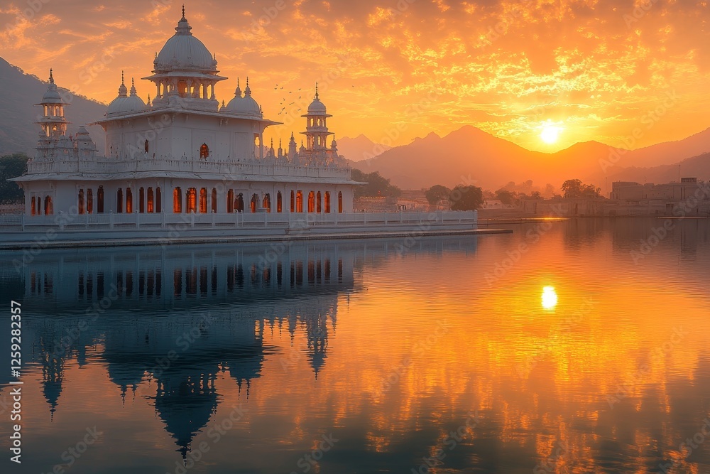 Obraz premium Sunrise over lake temple, Rajasthan, India. Peaceful morning scene