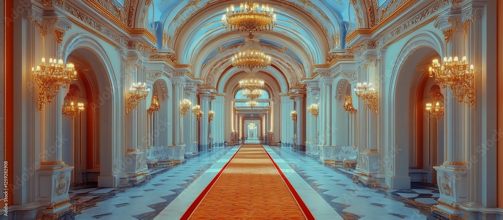 Fototapeta premium Elegant grand hallway with ornate chandeliers and a plush carpet, showcasing luxury decor