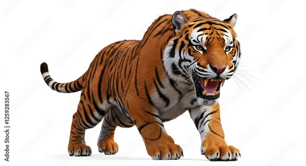 Fototapeta premium Roaring Tiger Walking Isolated on White Background Menacing Wild Animal