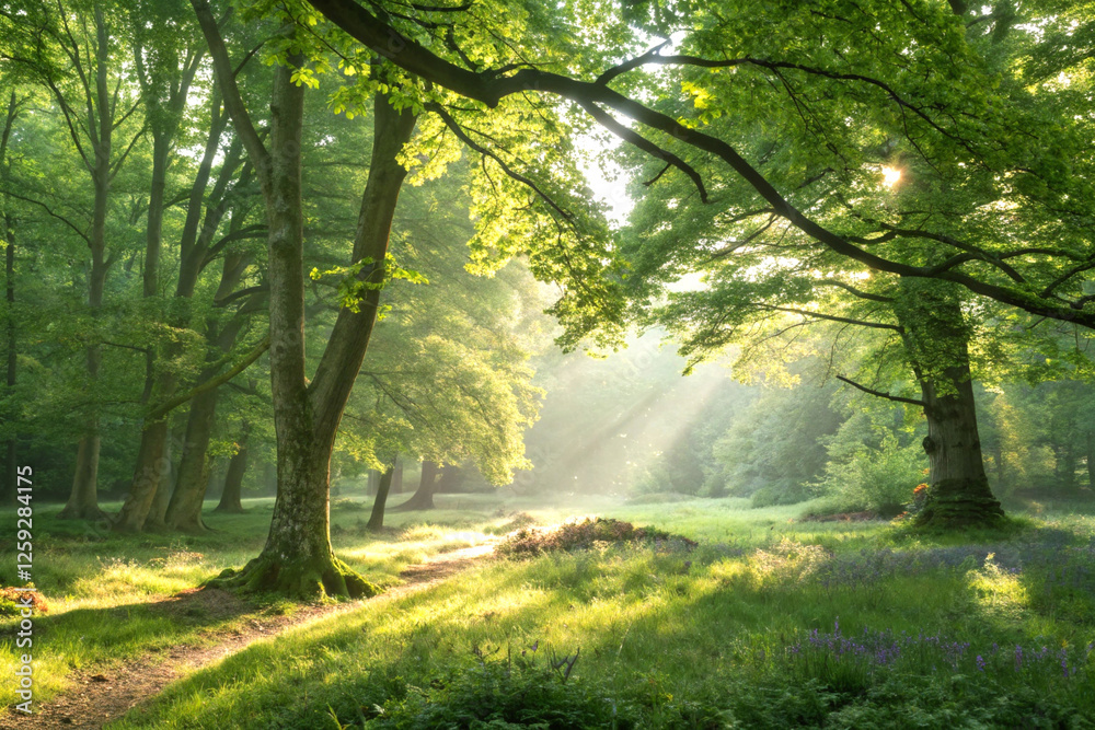 A serene forest glade with sunlight breaking through A serene forest glade with sunlight breaking through