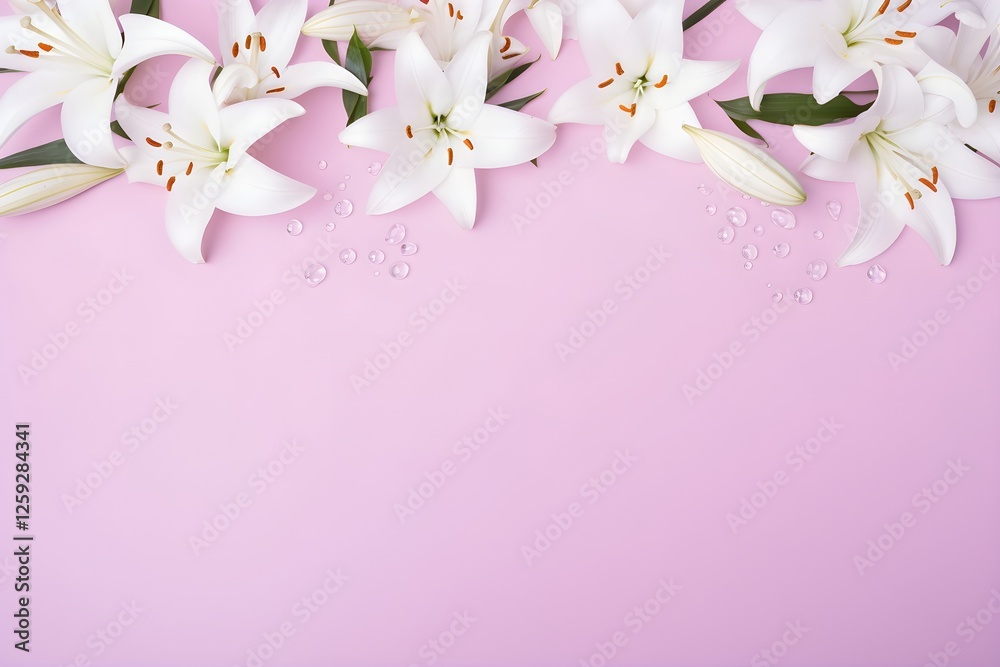 Naklejka premium White lily flowers on pink background with copy space. Floral arrangement for Mother's Day, Easter, International Women's Day, spring wedding or Valentine's Day celebration