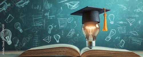 Wallpaper Mural 3D composition of a lightbulb wearing a graduation cap on an open book, surrounded by creative educational sketches, vibrant colors, realistic materials, depth of field effect Torontodigital.ca