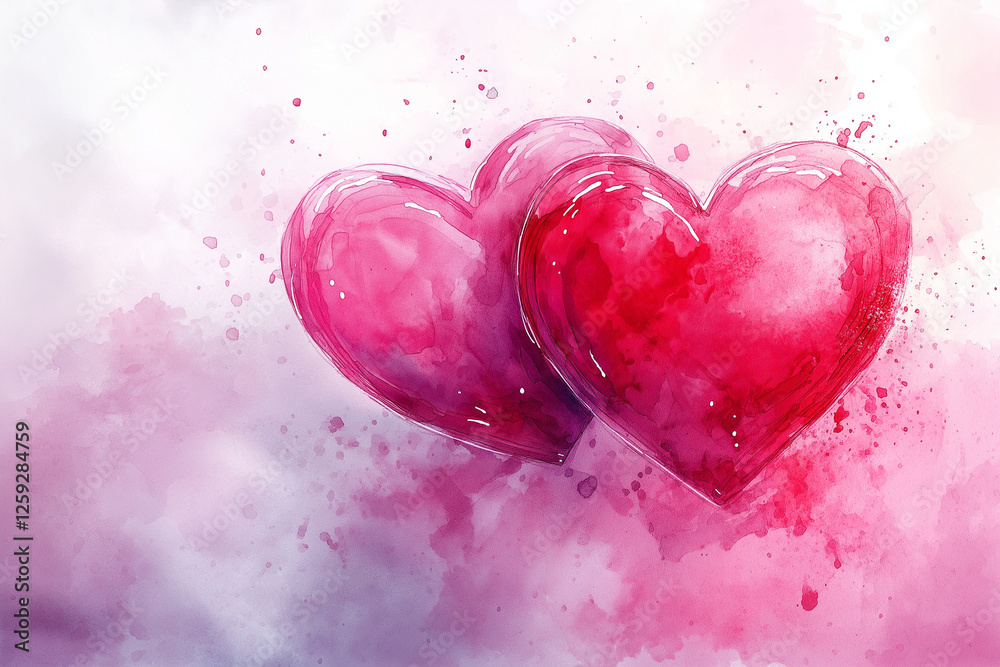 Obraz premium Romantic watercolor-style illustration of two glossy red hearts with a soft pink artistic background, symbolizing love, passion, and affection, perfect for Valentine’s Day and celebrations