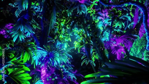 Vibrant neon jungle with glowing plants and luminous foliage movement