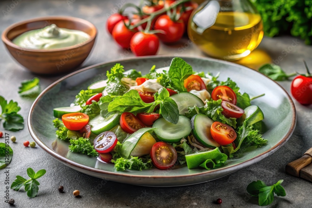 Refreshing Green Salad with Cherry Tomatoes and Creamy Dressing on Rustic Plate Refreshing Green Salad with Cherry Tomatoes and Creamy Dressing on Rustic Plate