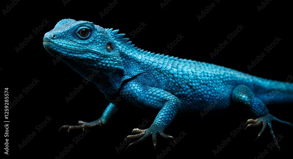 Obraz premium Striking Blue Lizard Portrait on Black Background Exotic Wildlife Close-up