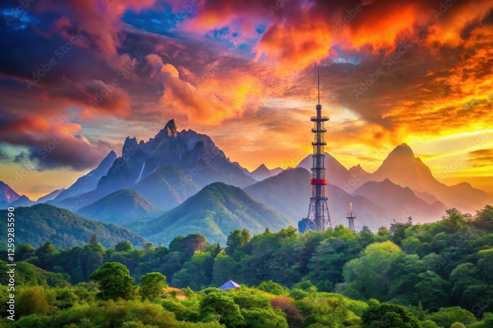 Obraz premium Majestic Mountain Range at Sunset with Communication Tower