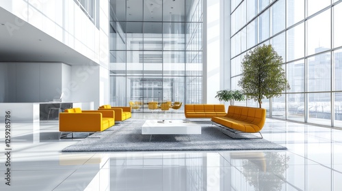 Modern Office Lobby With Yellow Couches and City View