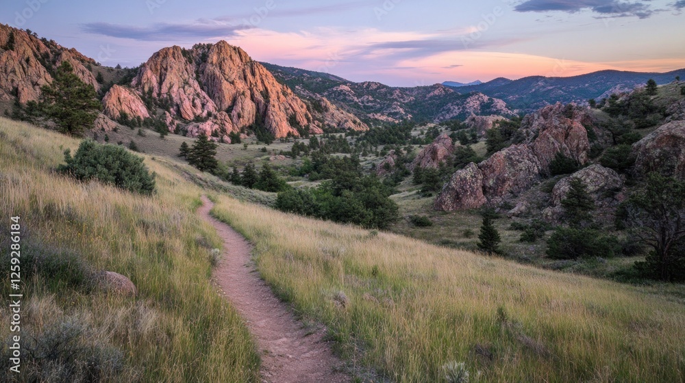 Fototapeta premium Sunset Hike: Serene Trail Through Rocky Mountains