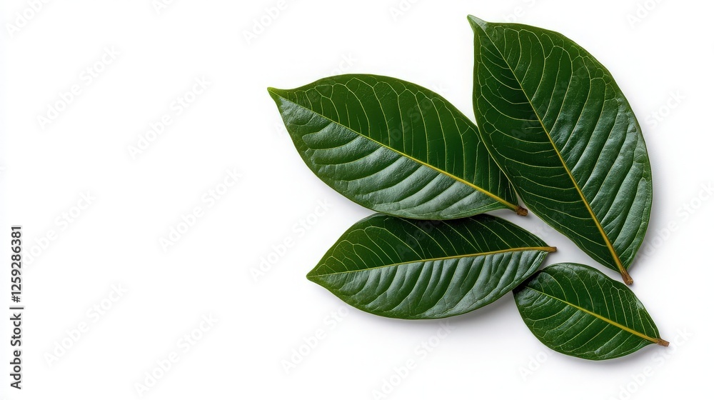 Fototapeta premium Fresh Green Leaves with Glossy Texture on White Background