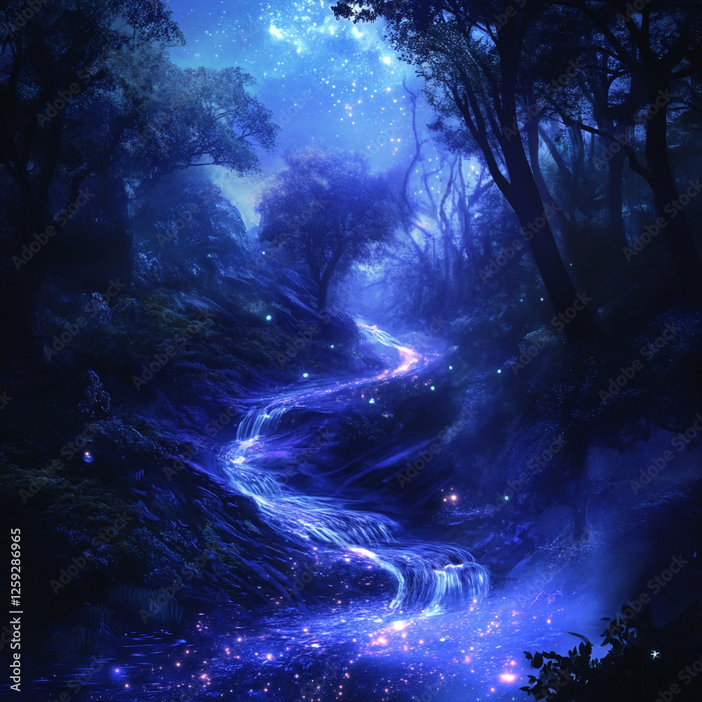 Obraz premium Dreamlike Enchanted Forest with Flowing Starlight, Generative AI