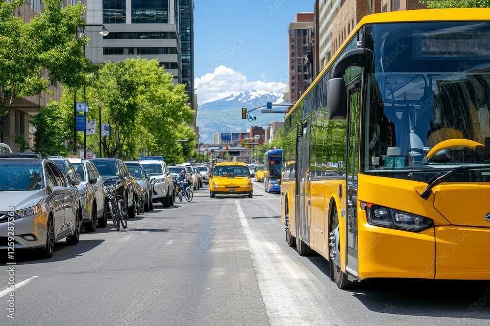 Obraz premium Yellow City Bus on Sunny Street with Mountain View