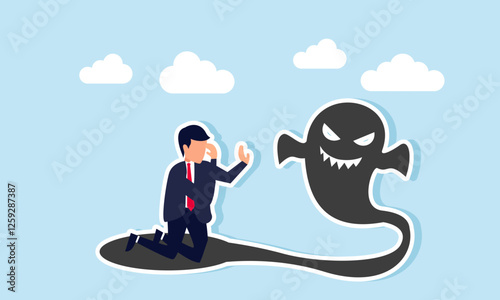 Businessman feels afraid of his shadow forming a ghost, illustration of inner fear that hinders growth