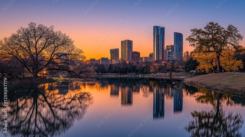 Fototapeta premium Sunset over city skyline reflecting in tranquil lake