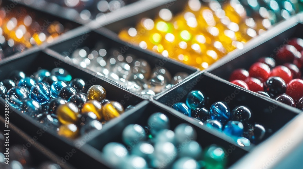 Colorful Glass Marbles in Display Compartments with Vivid Lighting and Detail