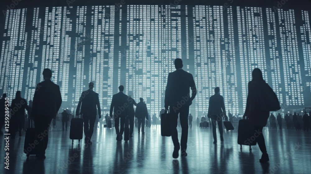 Silhouetted travelers with luggage in a futuristic terminal Silhouetted travelers with luggage in a futuristic terminal