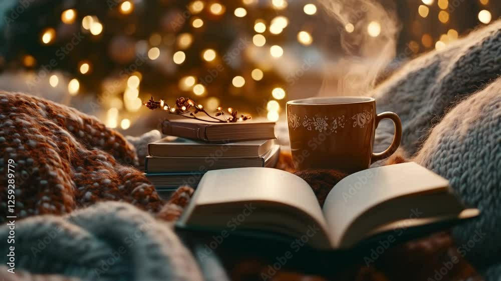 A Cozy Winter Scene Featuring an Open Book, Warm Drink, and Twinkling Lights, Perfect for Embracing the Comforts of Reading and Relaxation During the Season