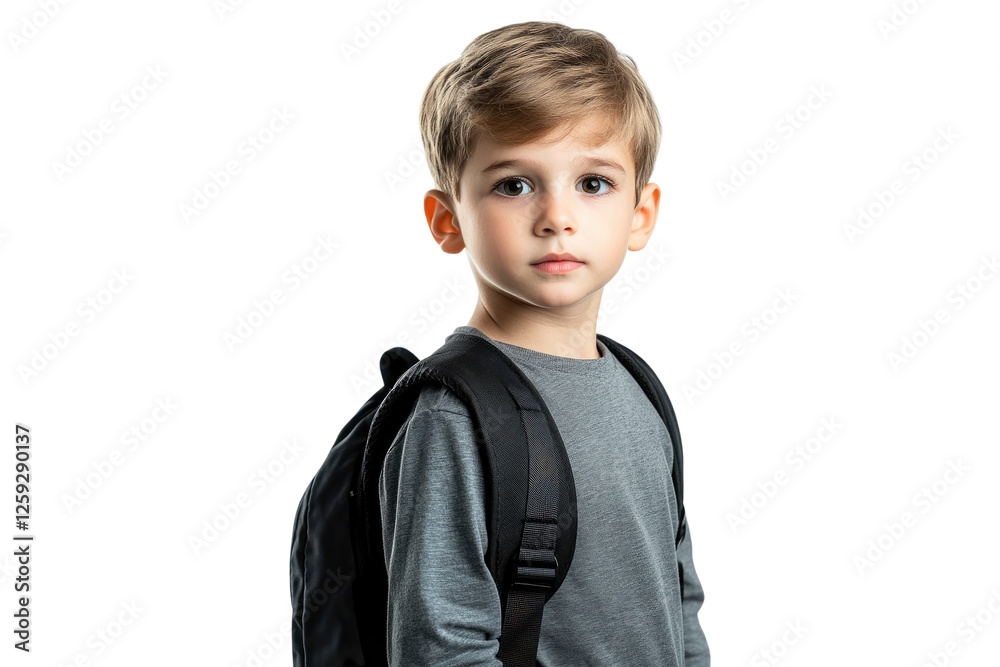 Portrait of a school boy with backpack looking serious isolated on white or transparent, PNG Portrait of a school boy with backpack looking serious isolated on white or transparent, PNG