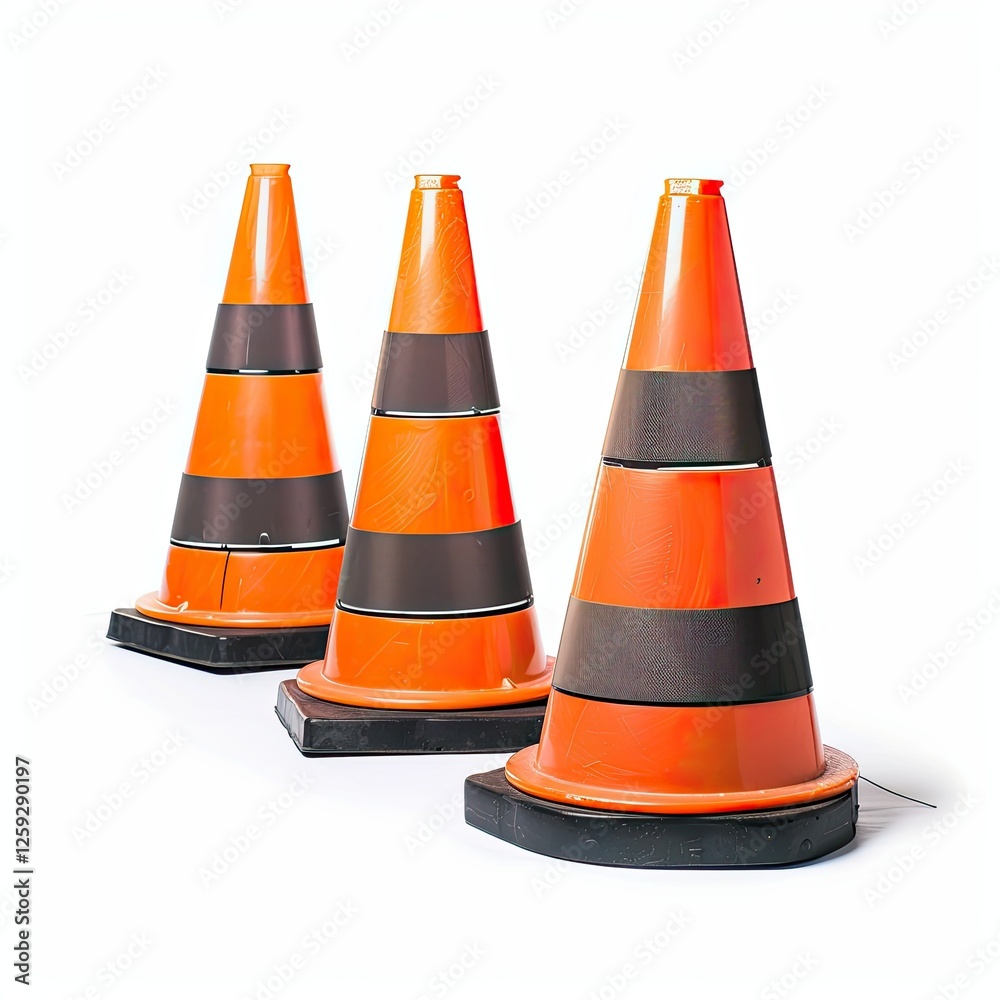 Three orange traffic cones with black stripes arranged in a row. isolated on white background Three orange traffic cones with black stripes arranged in a row. isolated on white background