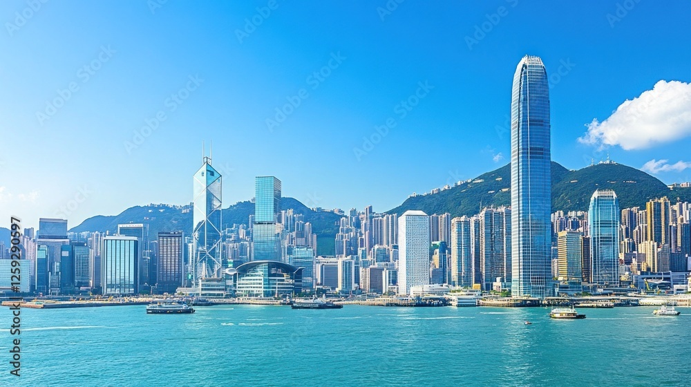 Naklejka premium Panoramic View of Hong Kong Skyline with Clear Blue Skies