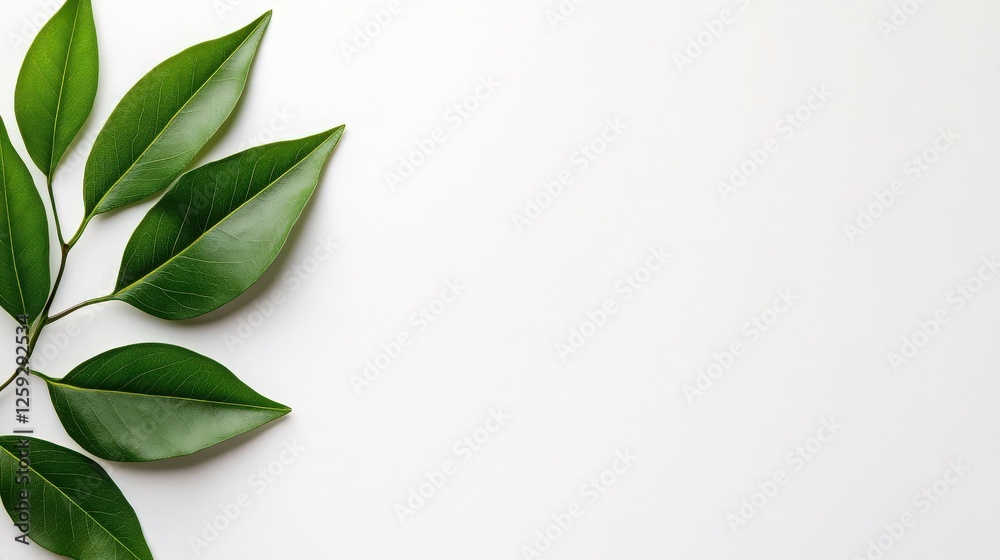 Fresh Green Leaves Arrangement on White Background Minimalist Design Fresh Green Leaves Arrangement on White Background Minimalist Design