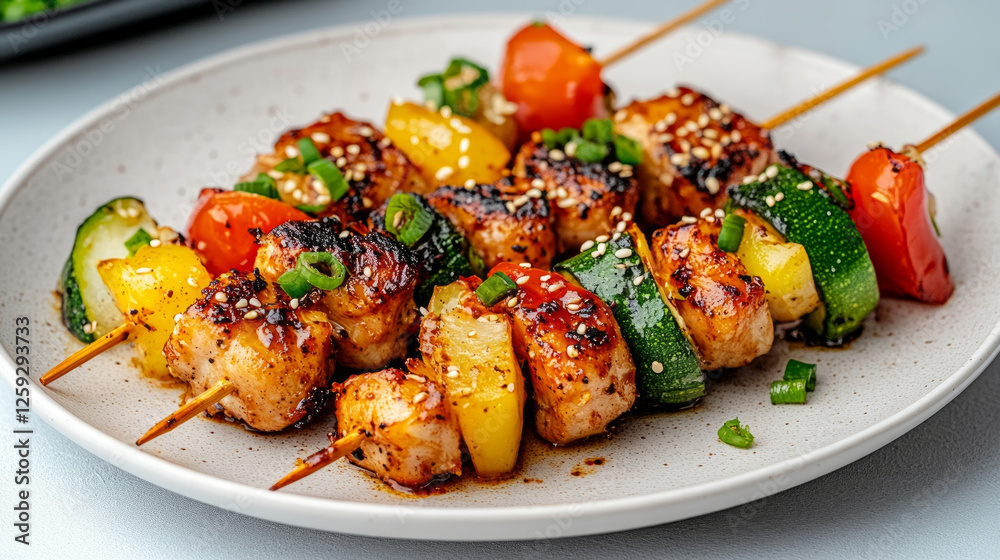 Grilled yakitori skewers with chicken and vegetables, garnished with sesame seeds and green onions, on a clean white plate, isolatedon white background
Grilled yakitori skewers with chicken and vegetables, garnished with sesame seeds and green onions, on a clean white plate, isolatedon white background