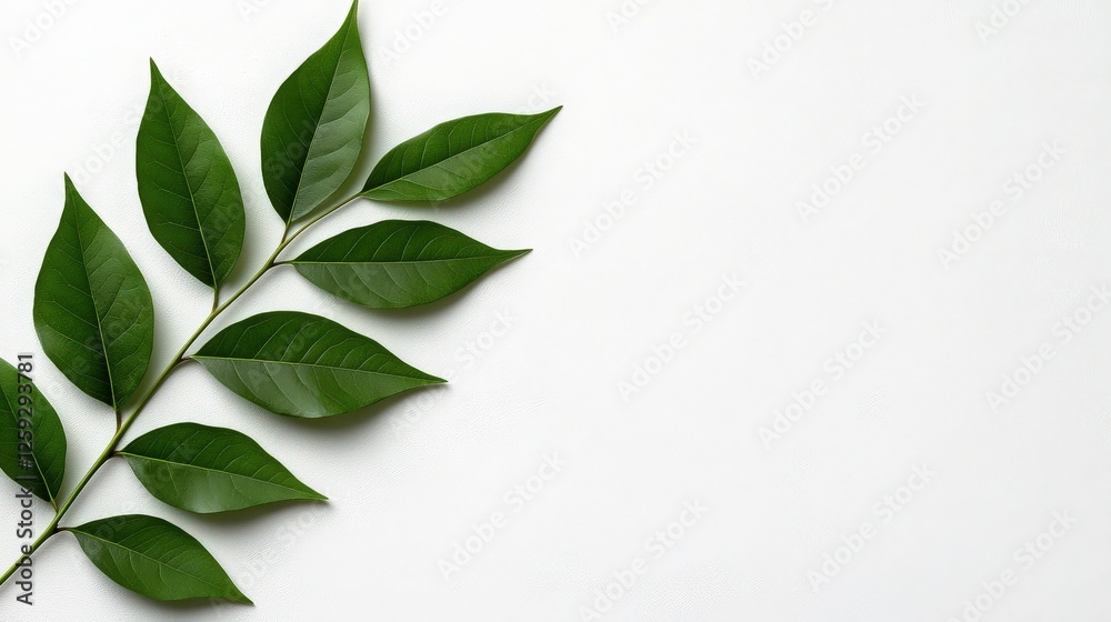 Green Leaf Branch with Fresh Leaves on White Background Green Leaf Branch with Fresh Leaves on White Background