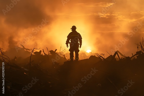 First Responder Searching Through Wreckage: A silhouette of a first responder in a hazmat suit, standing amidst the rubble of a collapsed building. 