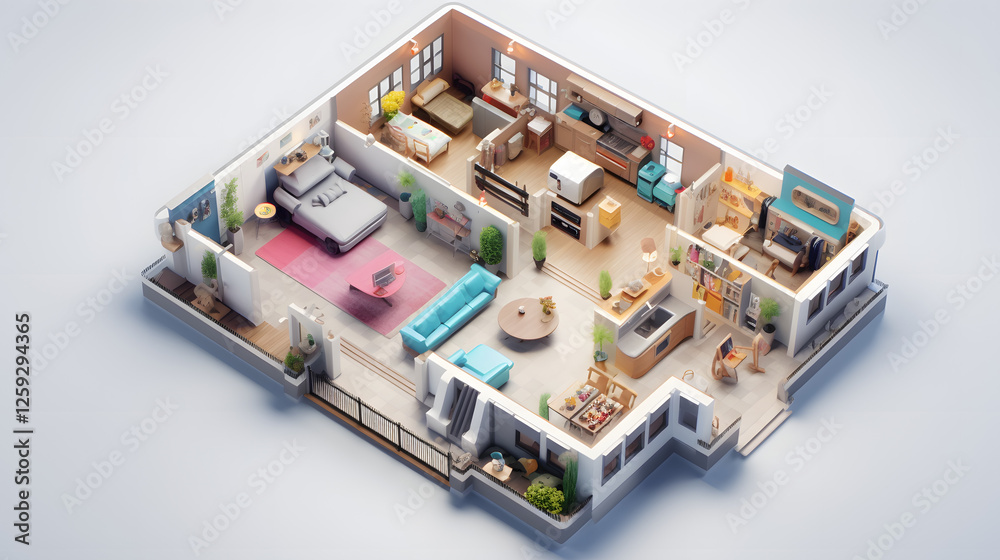 L-Shaped Layout house plan design isometric 3D L-Shaped Layout house plan design isometric 3D
