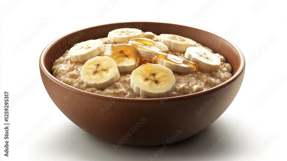 A bowl of steaming hot oatmeal, honey drizzle, banana slices, cozy atmosphere, soft light, 3D render, isolated on white background A bowl of steaming hot oatmeal, honey drizzle, banana slices, cozy atmosphere, soft light, 3D render, isolated on white background