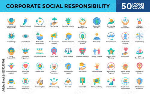 Corporate Social Responsibility icons set with environmental responsibility, carbon footprint, renewable energy, tree planting, recycling initiative, waste management icon. Simple color vector 
