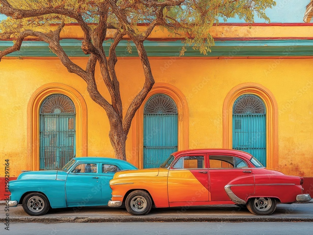 Fototapeta premium Classic Cars Parked by Colorful Building with Tree