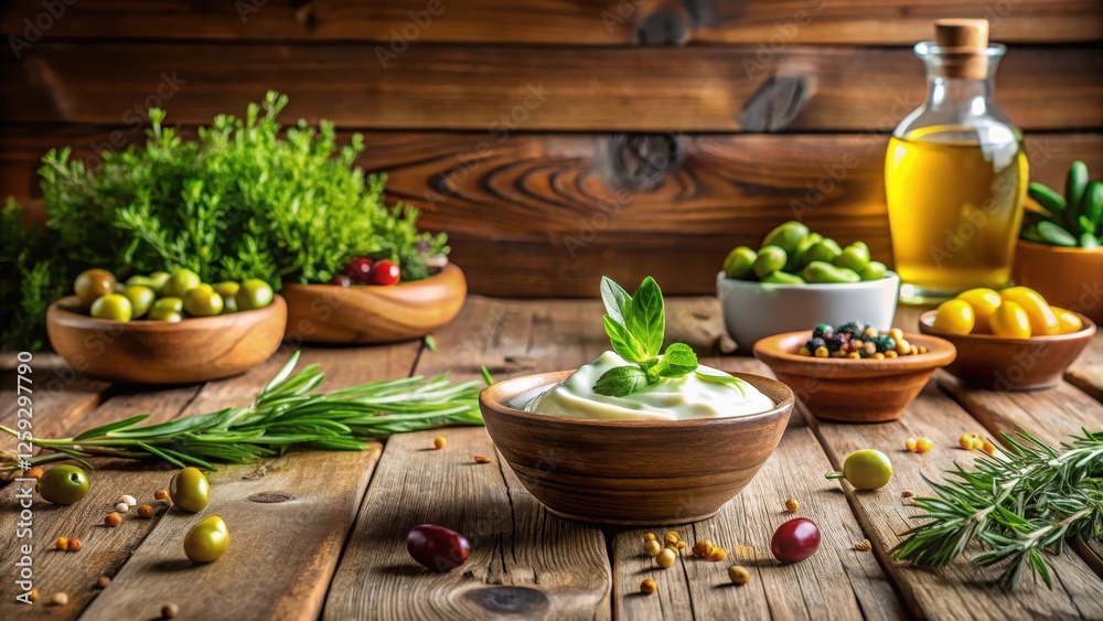 Creamy Dip with Fresh Herbs and Olives on Rustic Wooden Table Creamy Dip with Fresh Herbs and Olives on Rustic Wooden Table