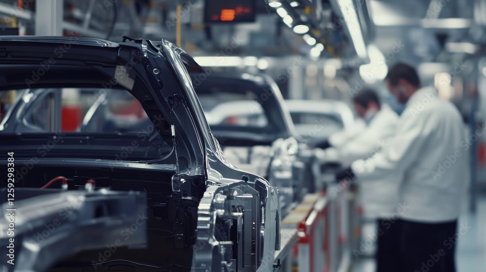 Obraz premium Automobile manufacturing plant. Workers assembling vehicles on a production line. Emphasizing precision and efficiency in automotive production. Ideal for automotive industry reviews.