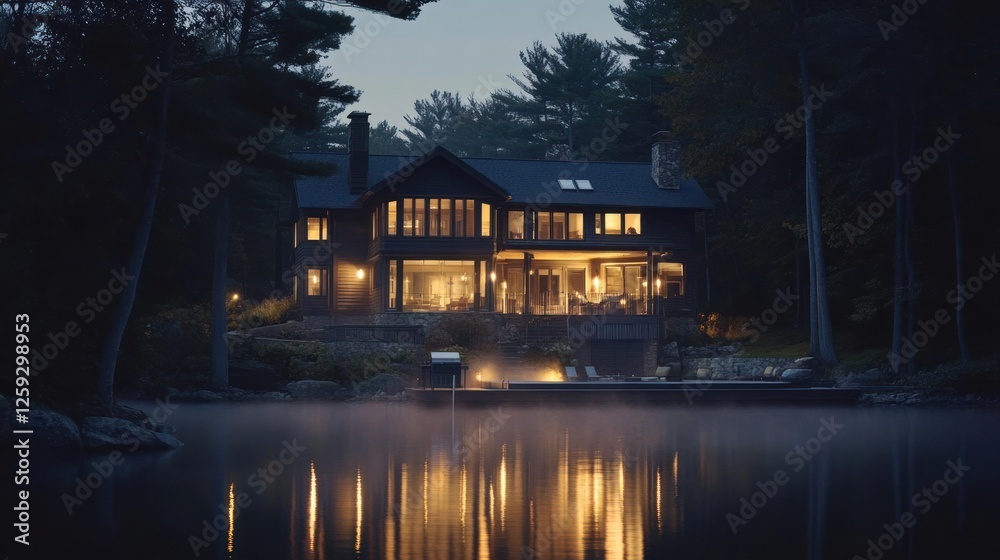 Fototapeta premium Lakeside Home Illuminated at Dusk A Serene Evening Scene