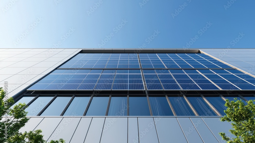 Modern Building with Solar Panels and Clear Blue Sky Background Modern Building with Solar Panels and Clear Blue Sky Background