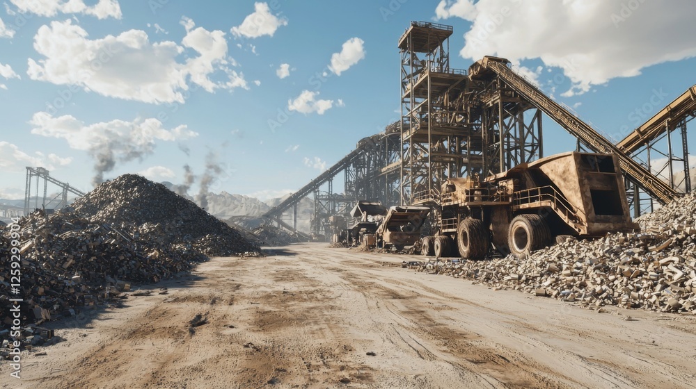 Industrial Quarry with Heavy Machinery and Rock Processing Equipment Under a Blue Sky Industrial Quarry with Heavy Machinery and Rock Processing Equipment Under a Blue Sky