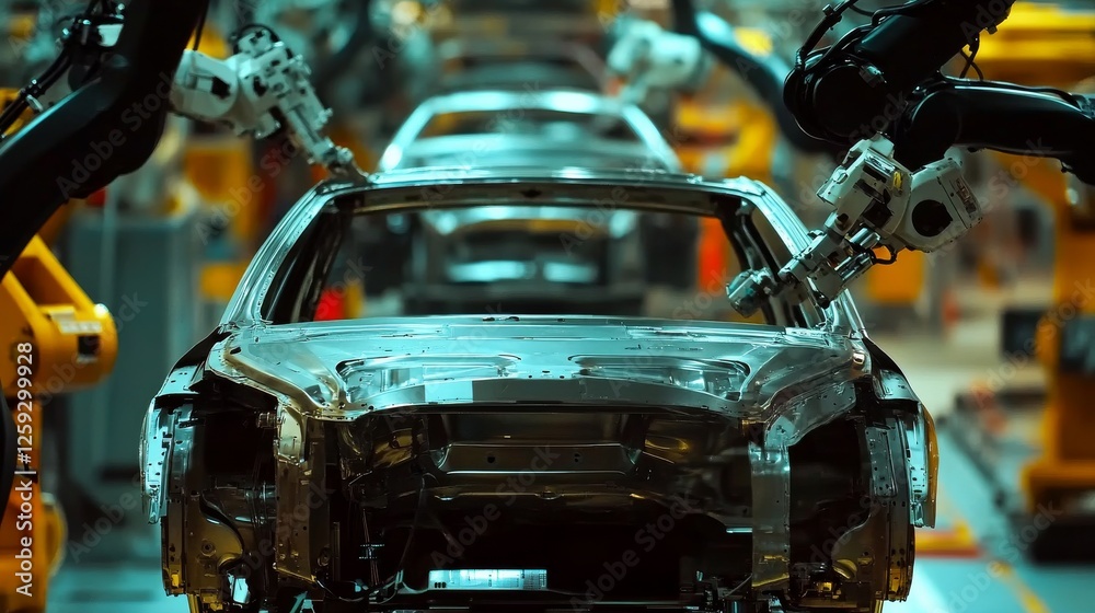Fototapeta premium Automotive assembly plant. Featuring car assembly lines and robotic arms. Highlighting automotive manufacturing and industrial robotics. Ideal for automotive industry reports.