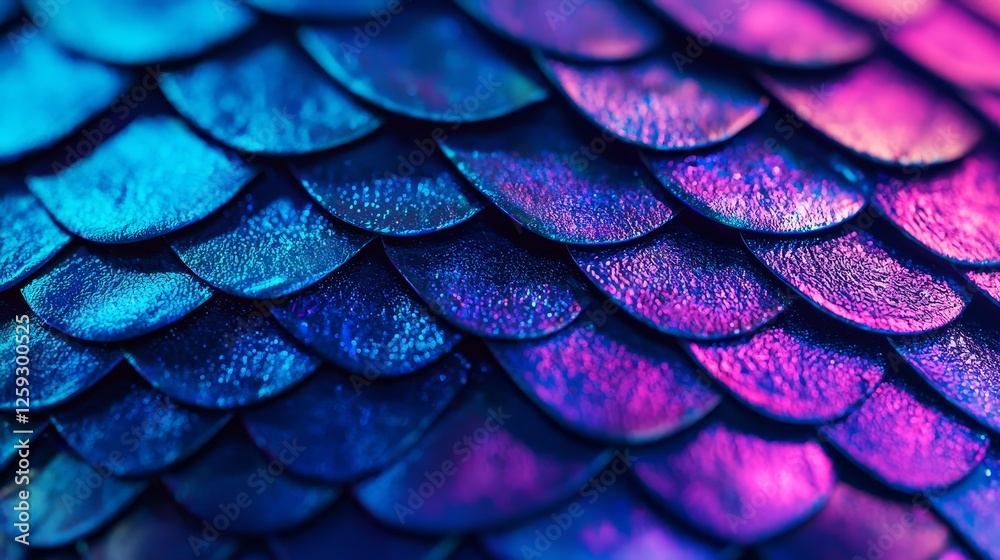 Fototapeta premium A macro shot of colorful scales with reflective surfaces, glowing gradient from blue to purple, futuristic style, enhanced digital texture, soft holographic light effects
