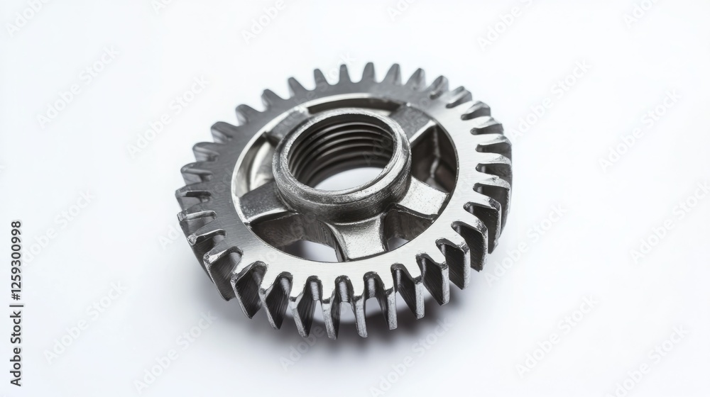 Close-up of a metallic gear on a white background. Industrial detail. Close-up of a metallic gear on a white background. Industrial detail.