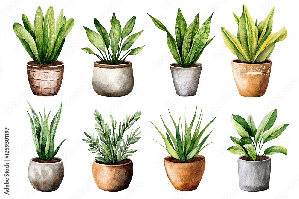 Fototapeta premium Watercolor Houseplants Collection Potted Plants Indoor Greenery