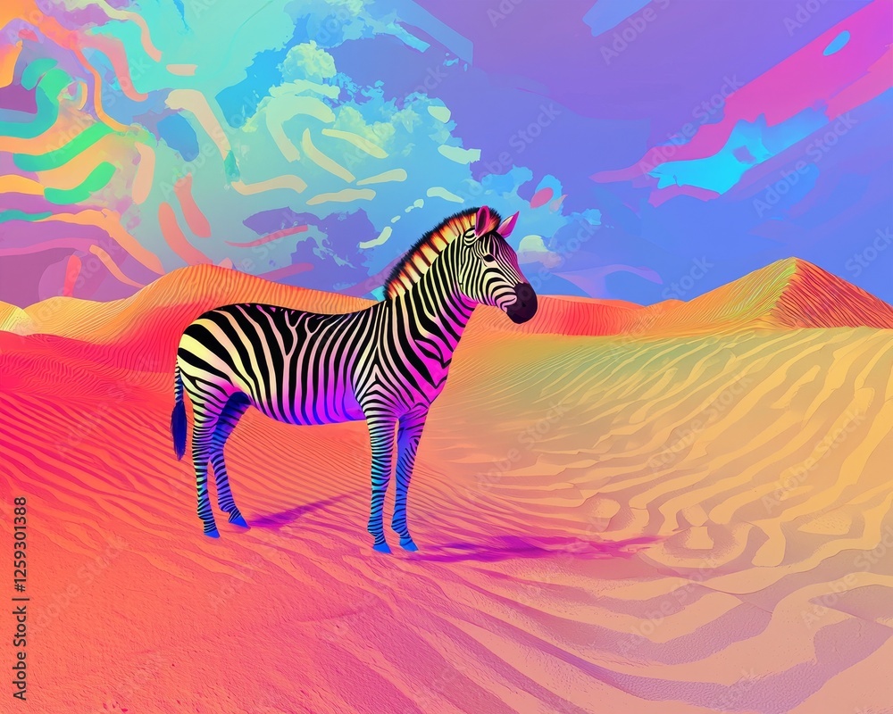 Fototapeta premium A monochrome zebra in a vibrant multicolored desert, geometric dunes shifting hues, clear sky with abstract cloud designs, digital surrealism