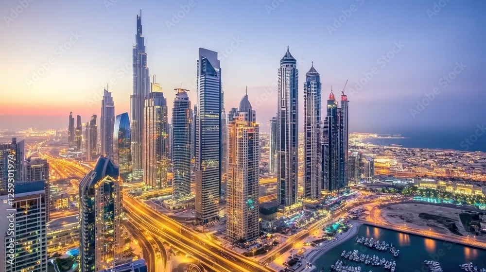 Obraz premium Stunning skyline of Dubai at twilight with vibrant lights